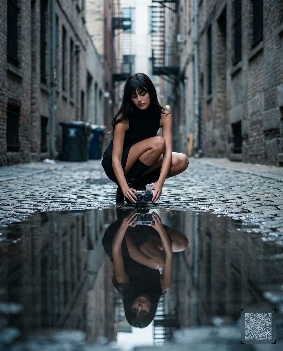 Urban Alley Puddle Reflection Portrait