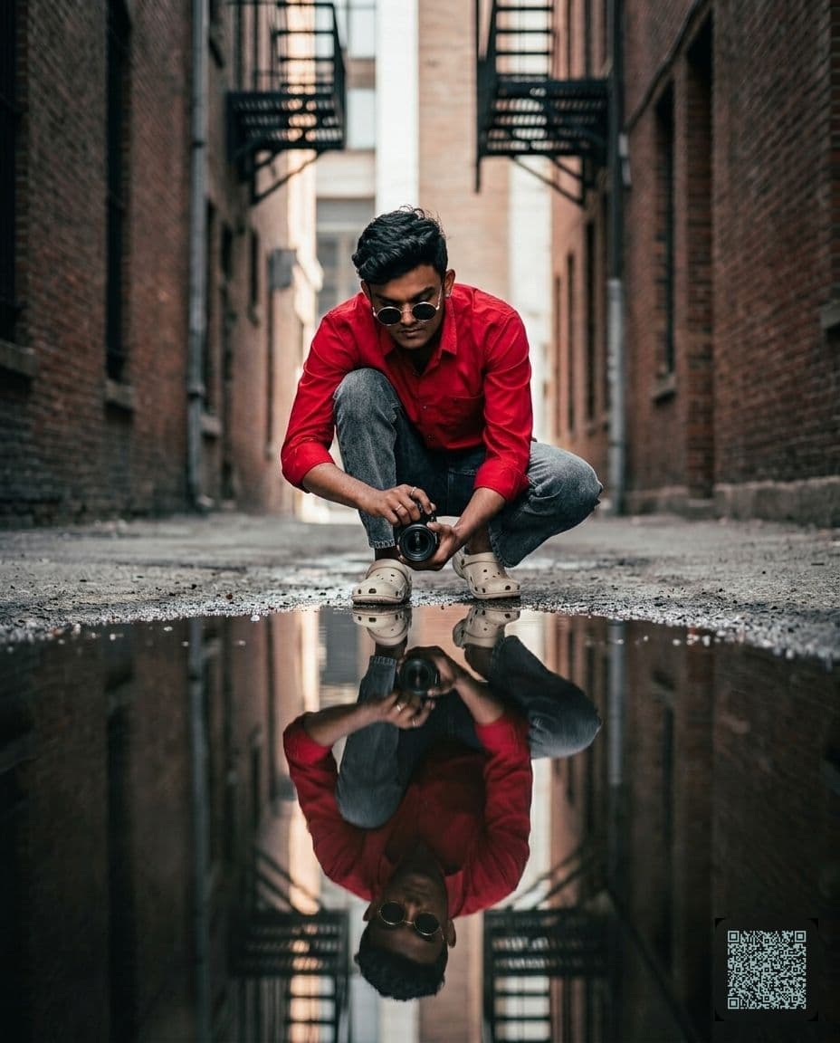 Urban Alley Puddle Reflection Portrait