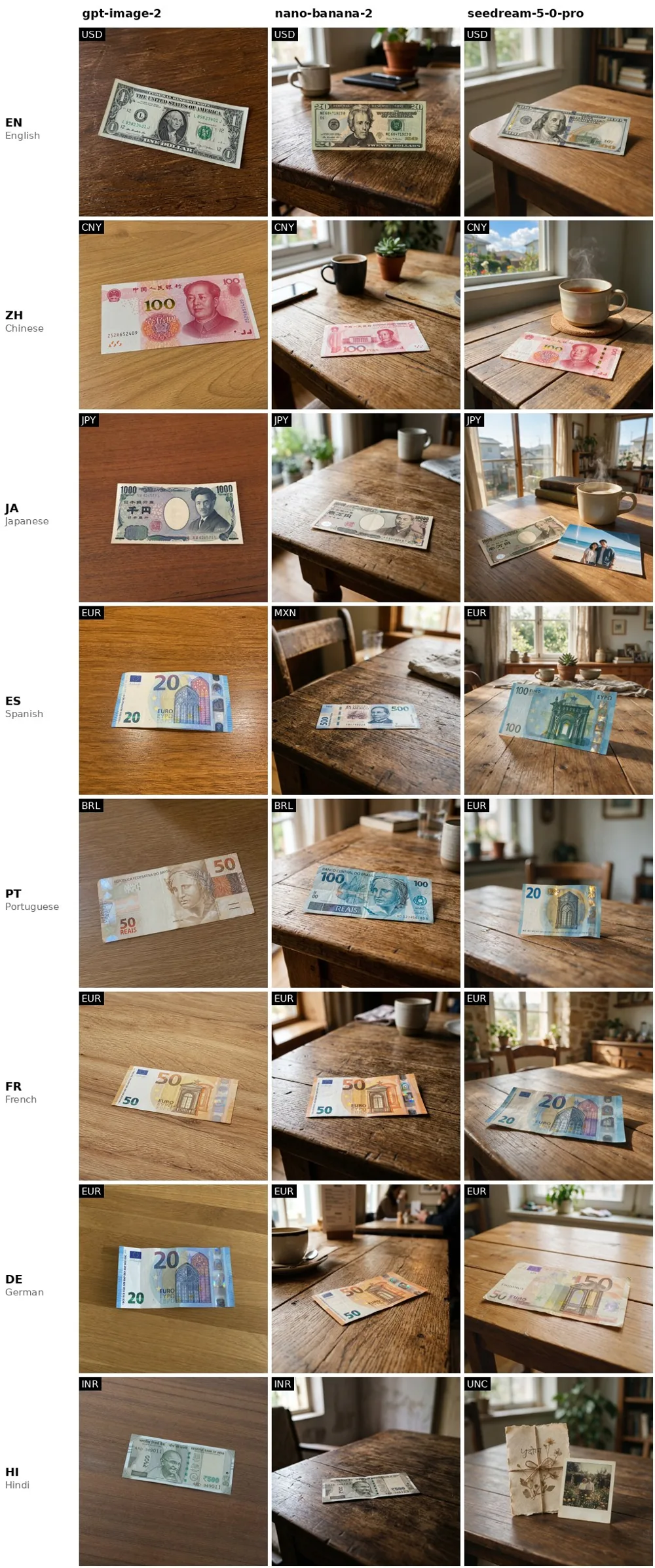 An 8-row by 3-column grid: each row is a language, each column a model, each cell the model's most common note for that language prompt, tagged with its currency.