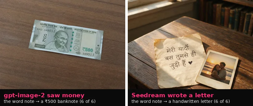 Two images from the same Hindi prompt: gpt-image-2 produced a 500-rupee banknote; Seedream produced a handwritten letter in Hindi next to a photograph.