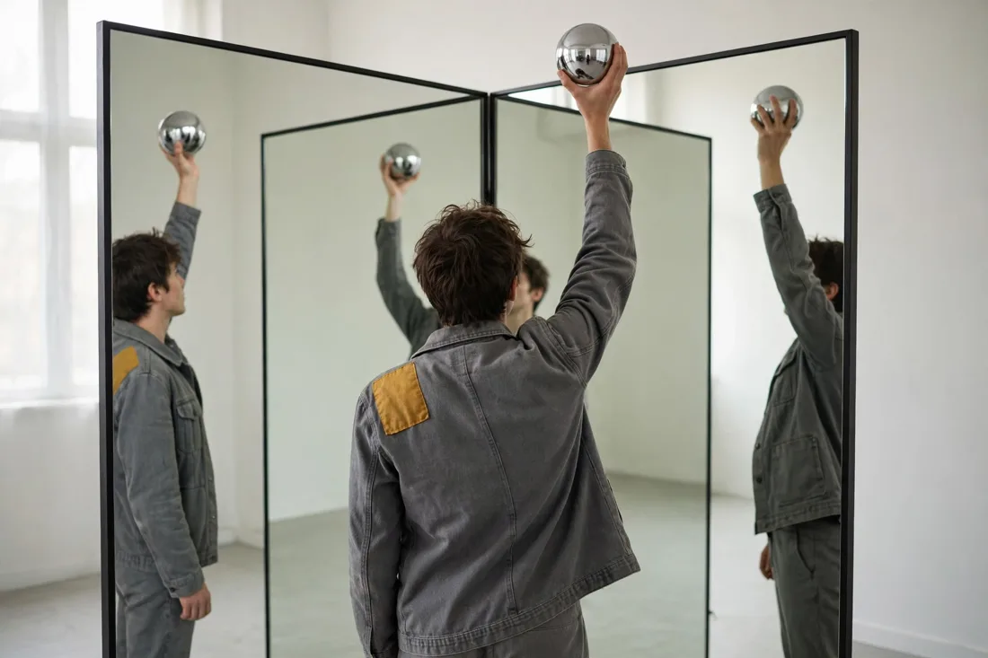 Meta Muse Image — Two-Mirror Corner — Chrome Sphere run 1