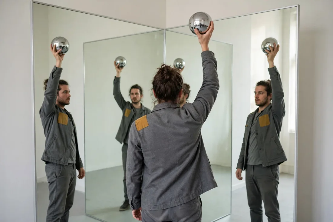 Meta Muse Image — Two-Mirror Corner — Chrome Sphere run 3